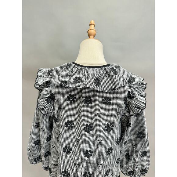 Entro gingham black & white embroidered tie front  top size small 3/4 sleeve - Picture 12 of 16